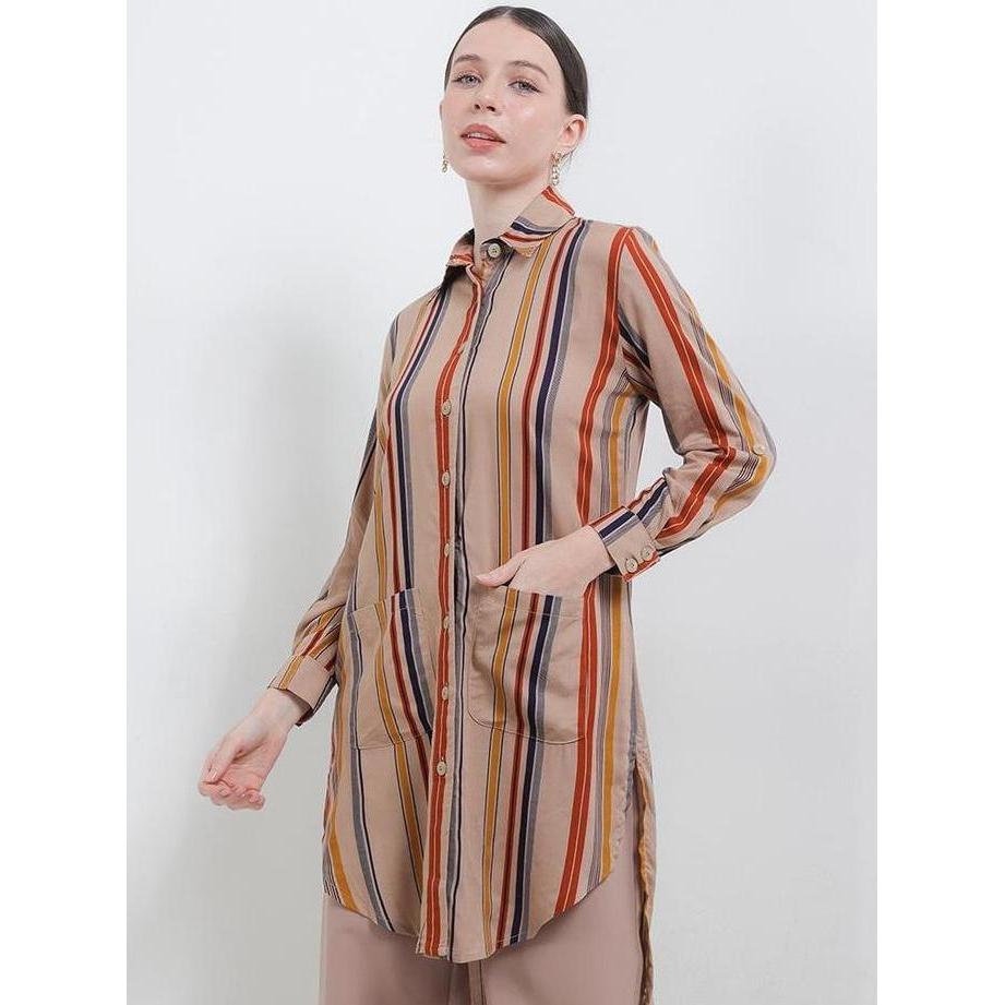 Arjuna Weda Tunik Batik Wanita Motif Garis - Bahan Rayon | Lengan Panjang | Kancing Depan