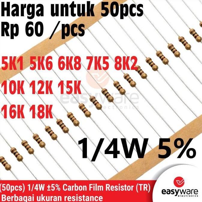 50X CARBON FILM RESISTOR 1/4W 5% 0.25W 5K1 5K6 6K8 7K5 8K2 10K 12K 15K 16K 18K 10K OHM EWE27