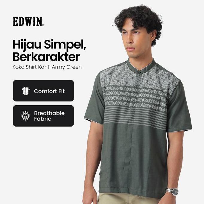 180kitolapak - edwin jeans - kemeja koko pria lengan pendek kahfi army green baju muslim pria