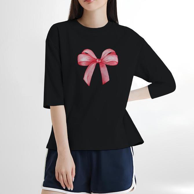 MISSHE - Tshirt 3/4 Motif Kaos DTF tied pink ribbon / Kaos Katun 3/4 Wanita / Baju Kaos Wanita Ragla