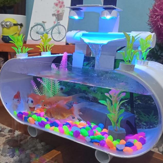 Hiasan Aquarium Mini Minimalis Akrilik Lengkap Fullset Ikan Hias Cupang Air Terjun Lampu Led Usb Aes