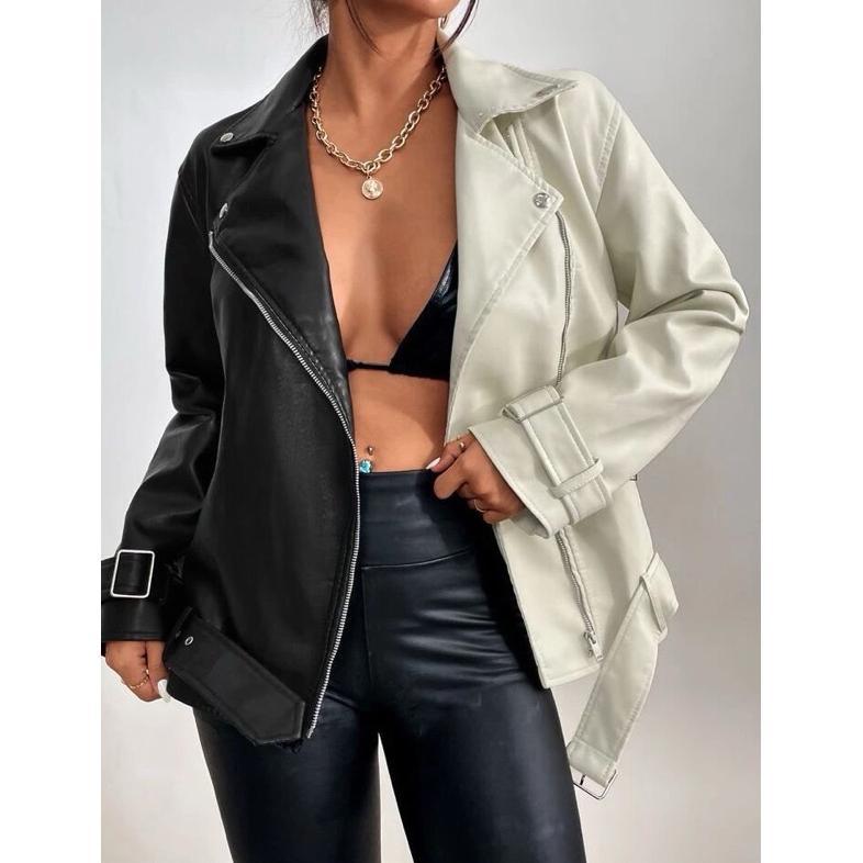 TERMURAH Jaket Kulit Wanita Riders Hitam Putih / Leather Jacket