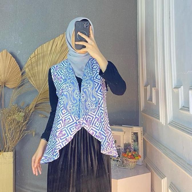 pardionsstore - blazer batik indigo pendek outer batik wanita kerja vest rompi batik babyblue atasan