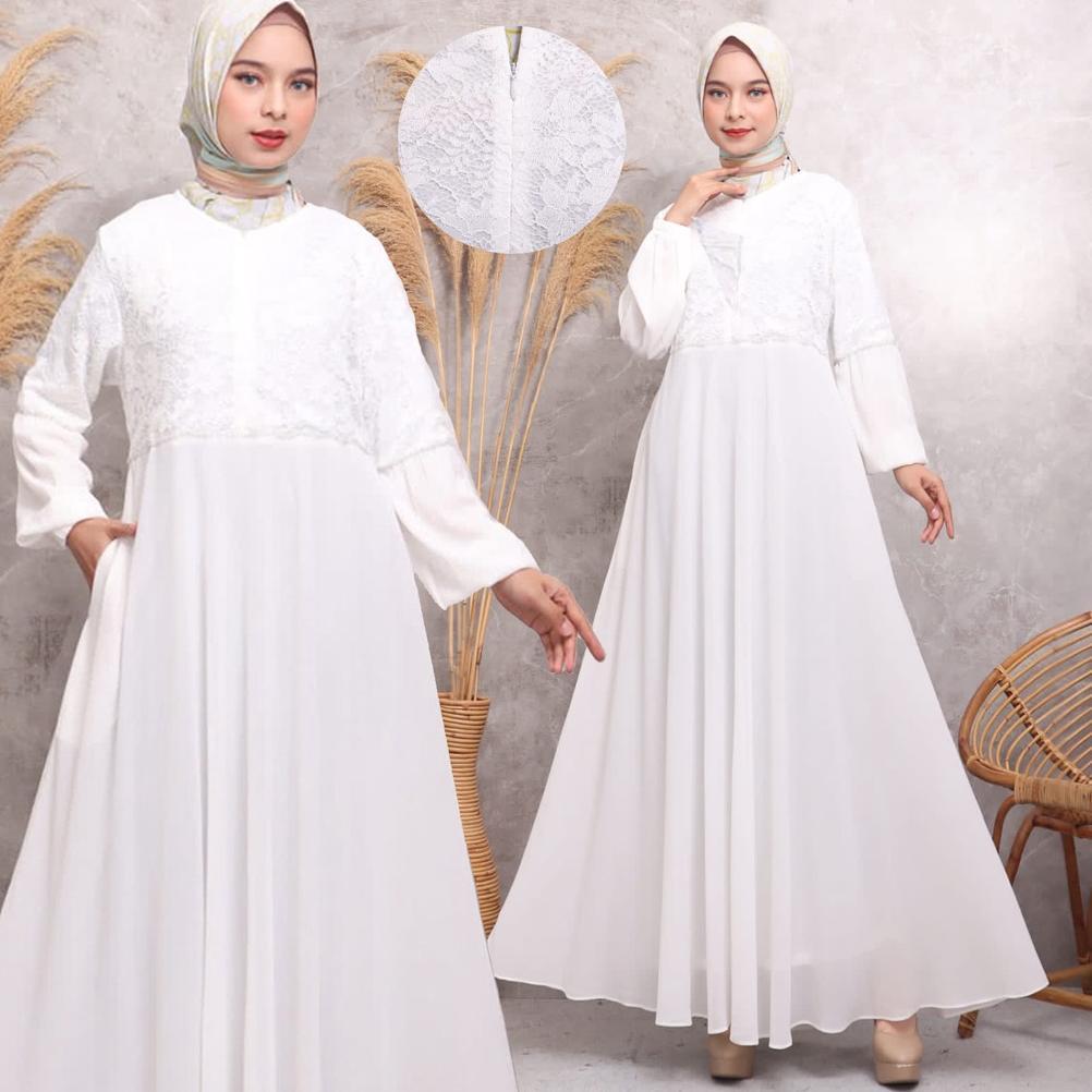 RECOMMENDED KKUM OFFICIAL GAMIS PUTIH BAJU LEBARAN UMROH HAJI BUSANA MUSLIM HIJAB DRESS BRUKAT AGNES