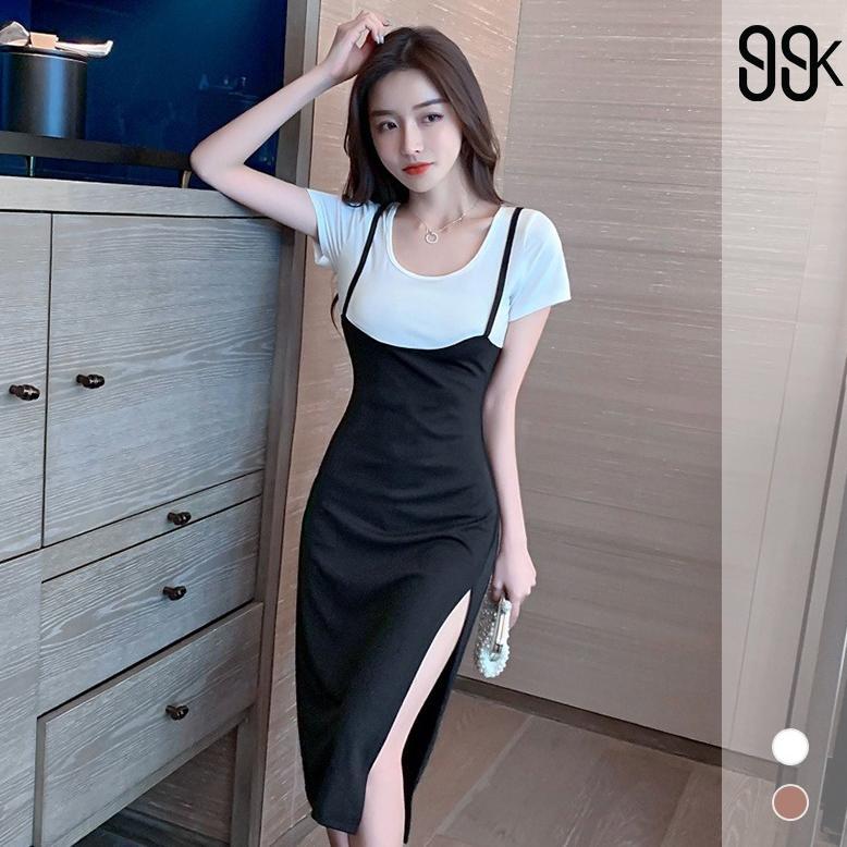 Big Size One Set U Neck Crop Tee Top + Bodycon Midi Dress with Side Split 1330 (S-XXL)