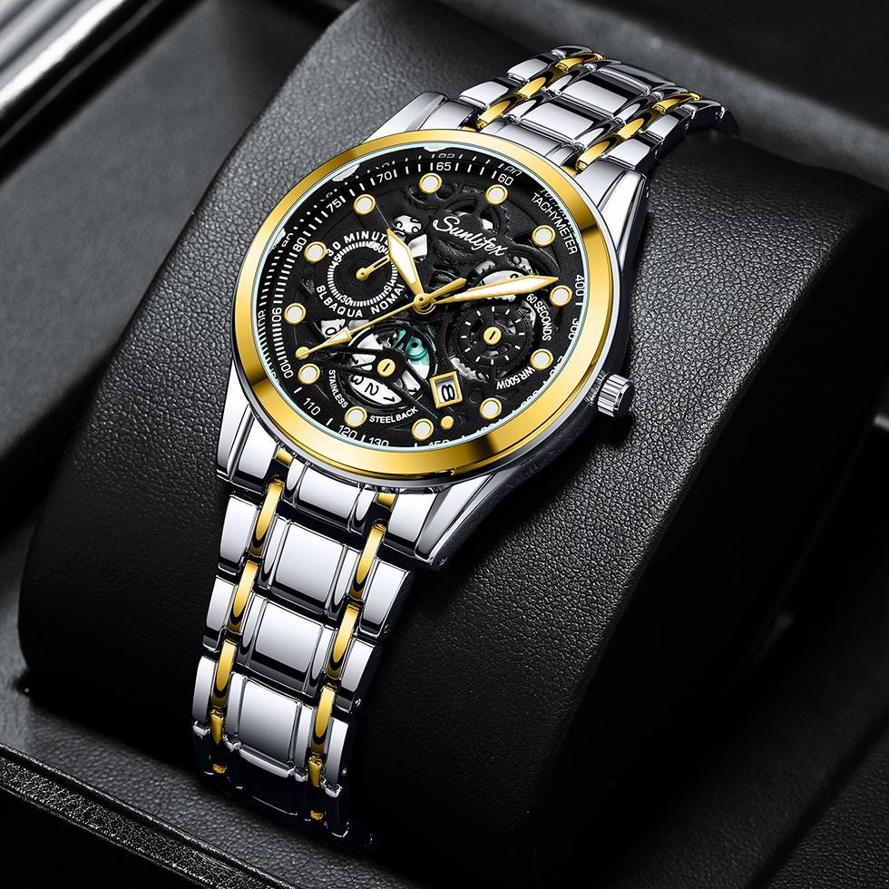 MURAH Sunlifex Jam Tangan Pria  9001 Original Display Kuarsa Anti Air Tali Stainless Steel Santai Mo