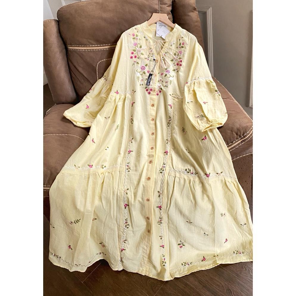 PROMO dress katun linen yellow butter bordir TALULLAH