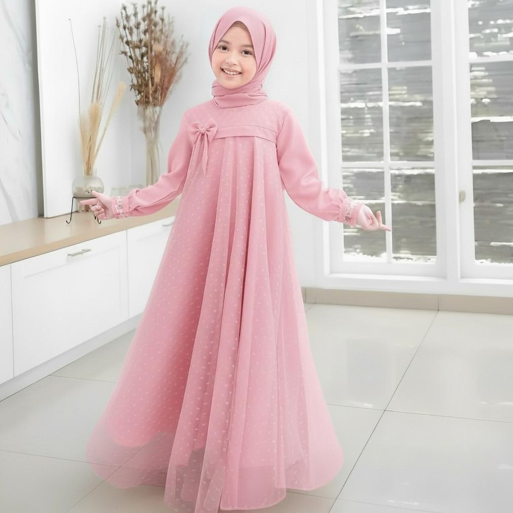 ORIGINAL Gamis Brokat Anak Tanggung 6-13 Tahun Model Terbaru 2026 Crinkle Airflow Mix Brukat Tile Do