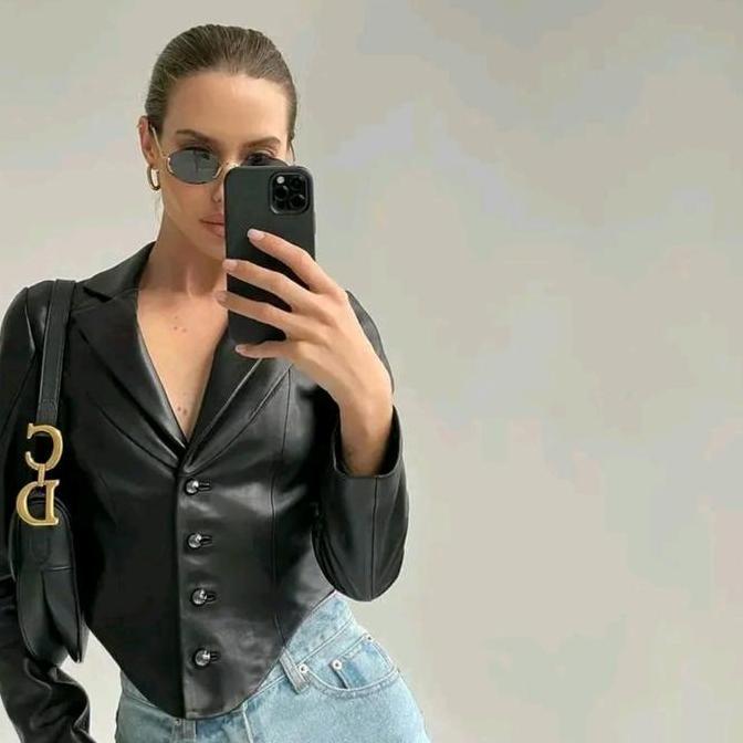 MURAH LEBAY Jaket kulit Wanita Crop V Korean Hijab Top Leather Outfit Mafia Mamba Konser Mall Motora