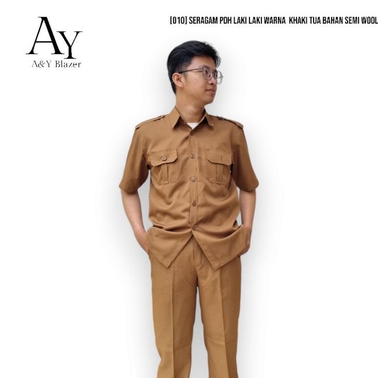 Promo Baru [010] Seragam Pns Pemda Pria Pdh Terbaru Lengan Pendek Warna Khaki Tua Bahan Semi Wool Ad