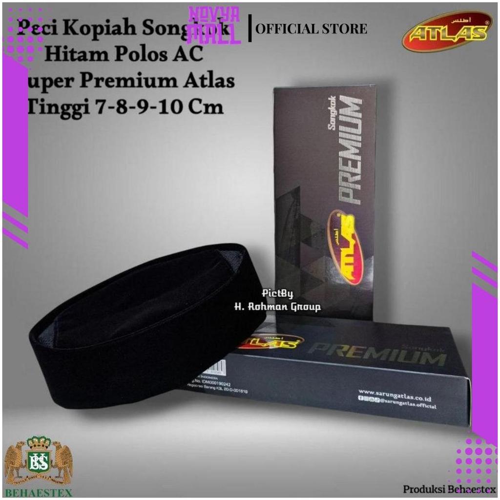 Peci Dewasa Peci Hitam Atlas Songkok Kopiah Dewasa Lengkap Tinggi 7,8,9,10 Cm Produksi BEHAESTEX SP 