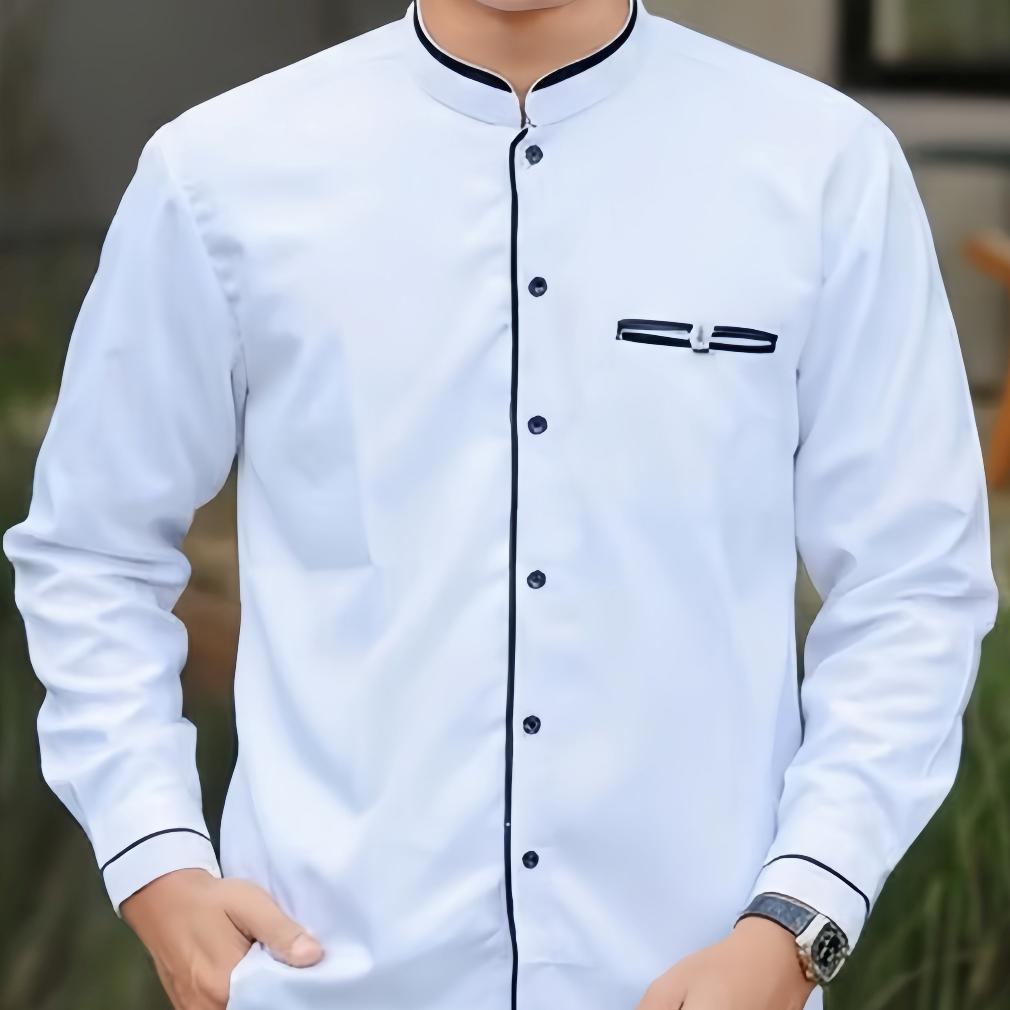 TERMURAH Baju Koko Pria Dewasa Elrumi Lengan Panjang Polos Warna Putih Kombinasi List Hitam KEKINIAN