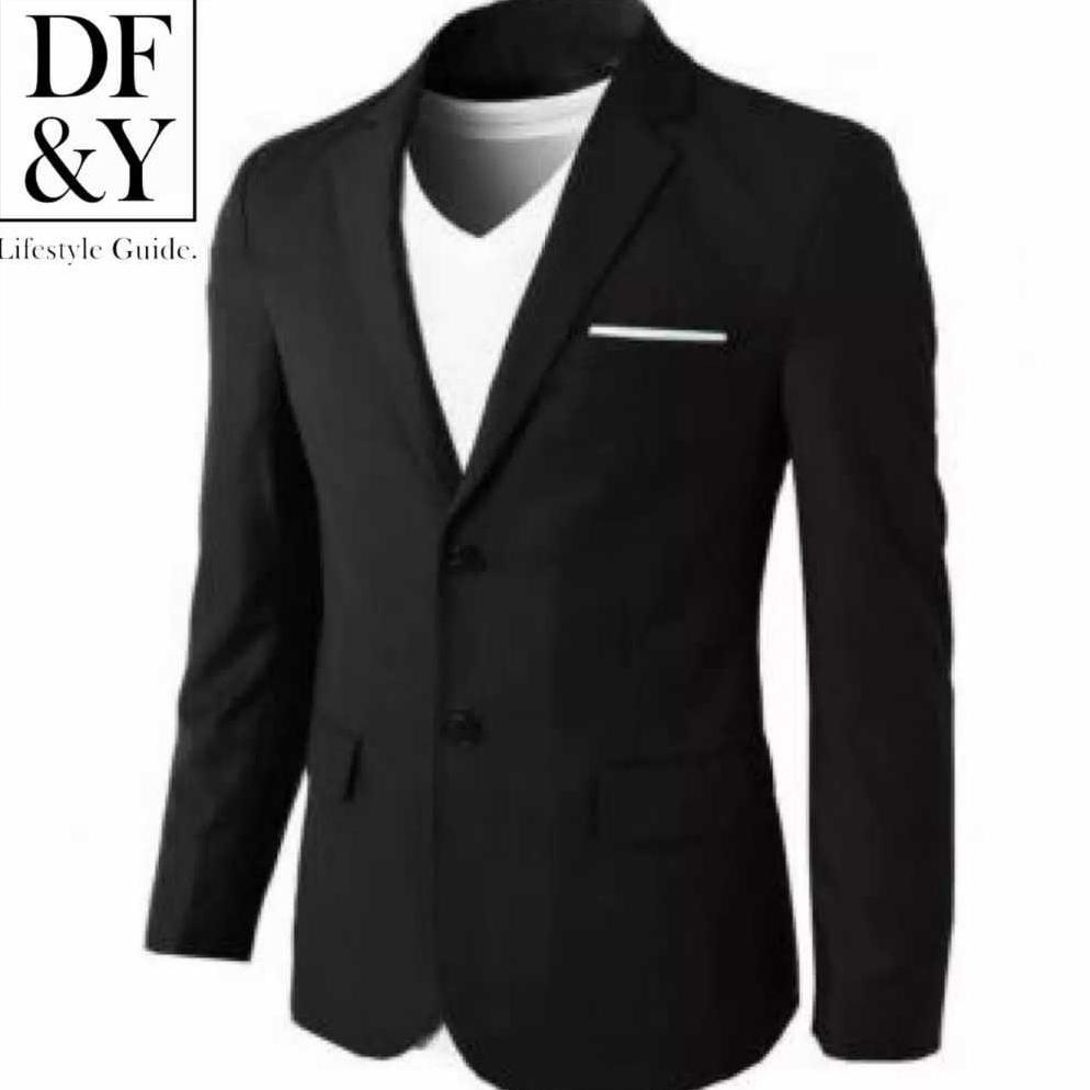NEW PRYZA Jas Blazer Pria Hitam Polos Kancing  Dua / Hitam List Putih  / Jas Blazer Kerja Kantor  Fo