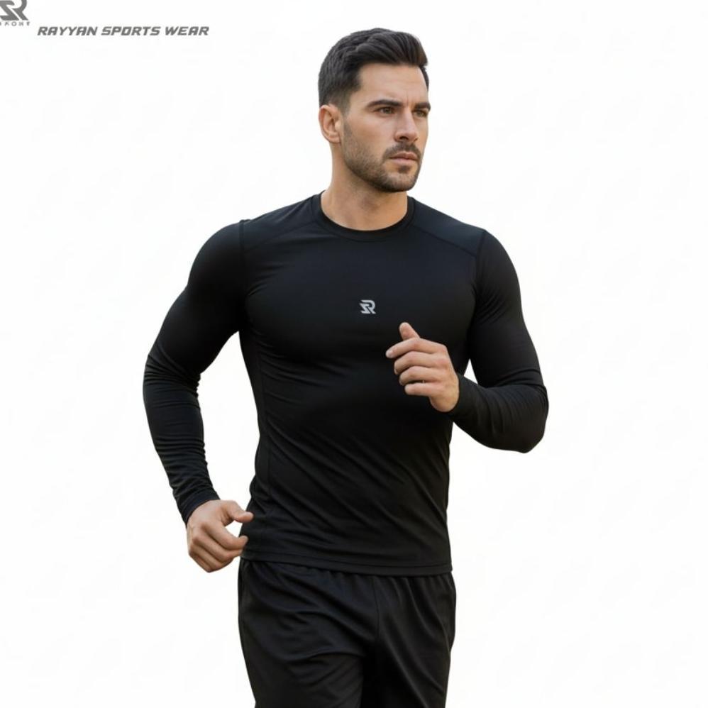 Rayyan Sports Wear | Manset Baselayer Pria Lengan Panjang Leher Pendek Stretch Fit,Manset Gym Pria O