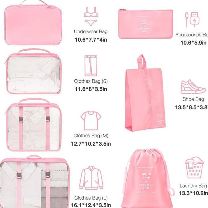 Set 7-8 Tas Travel Organizer Lengkap dengan Bahan Anti-Air & Tahan Lama - Ideal untuk Baju Kosmetik 