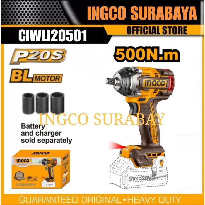 INGCO CIWLI20501 IMPACT WRENCH BRUSHLESS CORDLESS 500.NM BOR BUKA BAUT