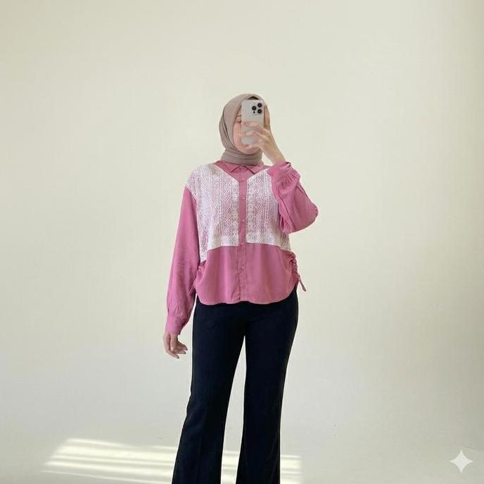 Bebasaja- Kemeja Rayon Mix Brokat Wanita Mayang | Blouse Kombinasi Brokat Kemeja Wanita Lengan Panja
