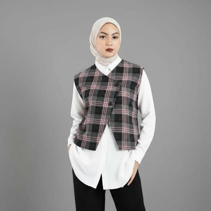 Bebasaja- Nuna Vest Basic Wanita / Outer Kotak Kotak Vest Flanel Atasan Wanita Crop Nuna Vest Tanpa 