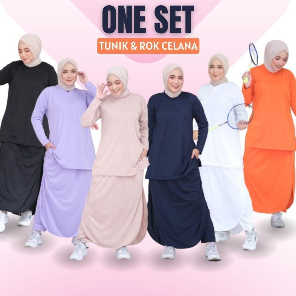 Setelan Olahraga Muslimah Polos Jumbo Baju Wanita Muslim Syari Rok Celana Training Pakaian Rocella