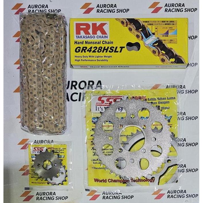 GEAR SET SSS 428 SATRIA FU 150 OLD / BARONG / FACE LIFT / INJEKSI & RANTAI RK 428 HSLT GOLD ORINAL