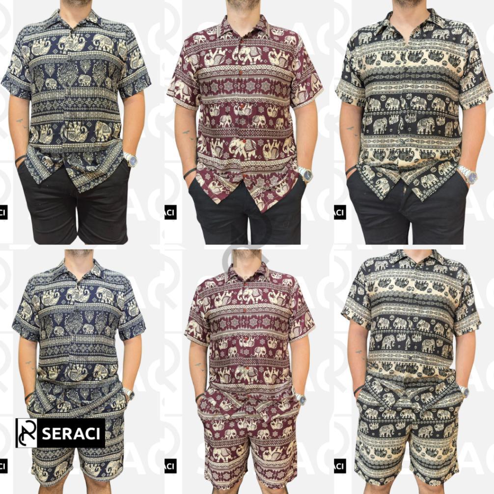 BEST SALE SERACI - one set atasan kemeja pria dan wanita setelan celana pendek hawaii daily outfit p