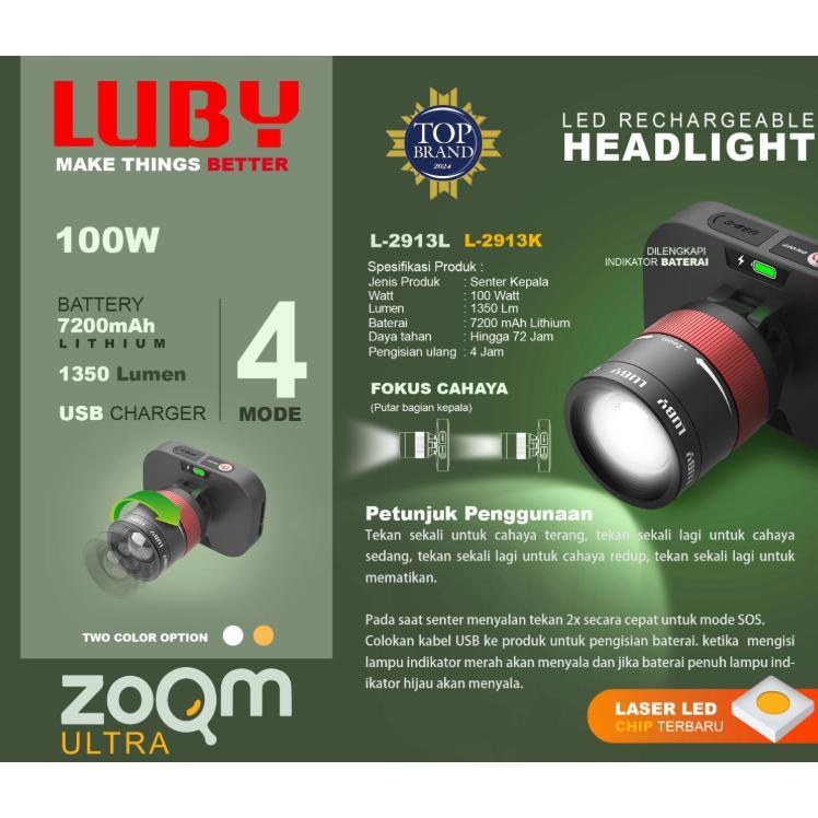 Luby Senter Kepala Luby Zoom Putar 100 Watt L-2913 Cahaya Putih