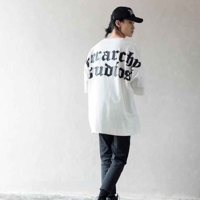 Shrts- Hierarchy Studios - White Wide Logo Oversized T-Shirt