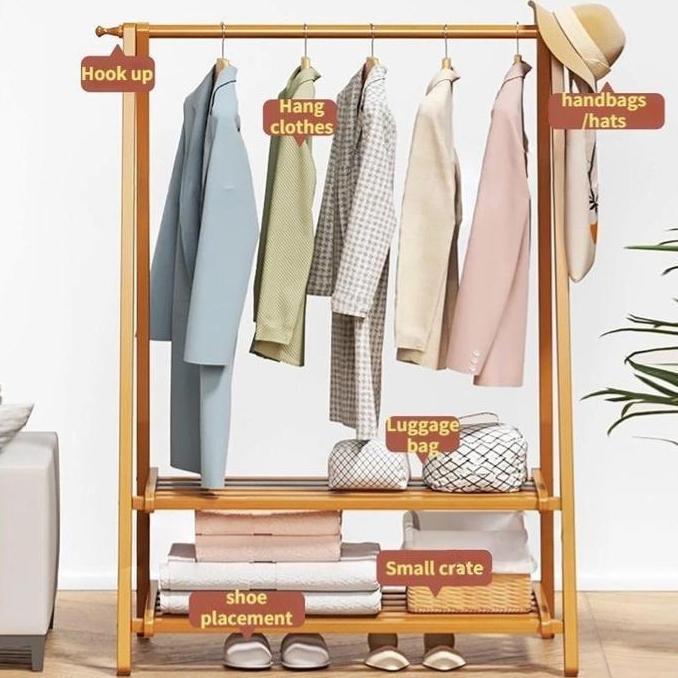 Maga- Love Rak Baju Gantung Lipat Rak Pakaian Bambu Tempat Gantung Baju Portable Hanger Baju Minimal