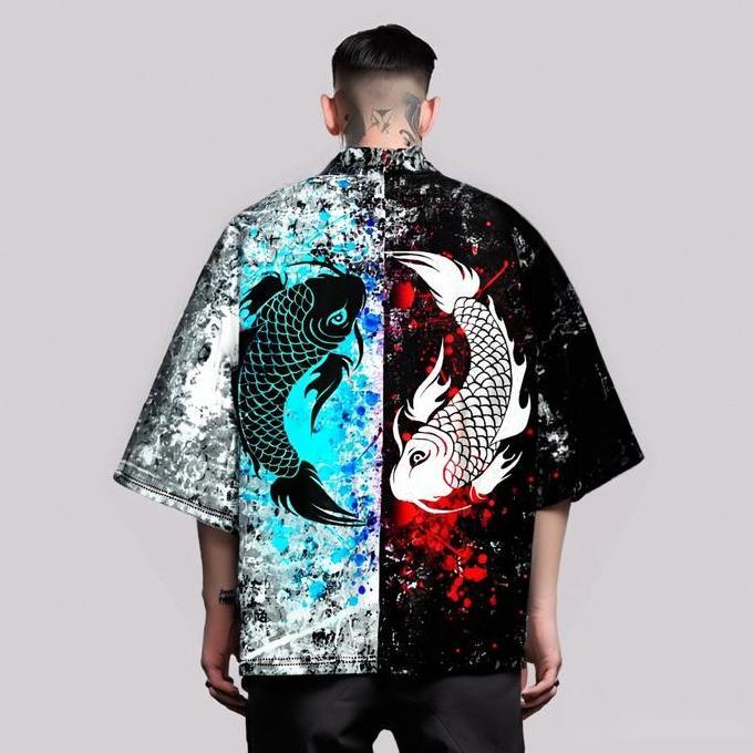 Fashion Ikan Mas Cina Blok Warna Splicing Cosplay Haori Kasual Longgar Pria Kimono Jepang Harajuku