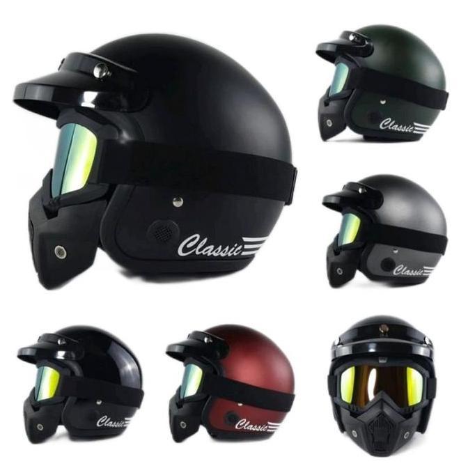 Helm Retro Google Mask Kaca Mata - Helm Motor Cafe Racer Japstyle Vespa SNI Dewasa Cewek Cowok Keren