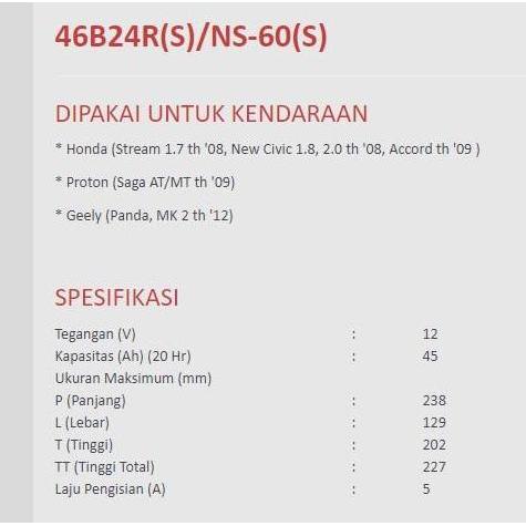 Aki Kering Mobil Yuasa Maintenance Free MF 46B24RS - NS60S 12V - 45AH