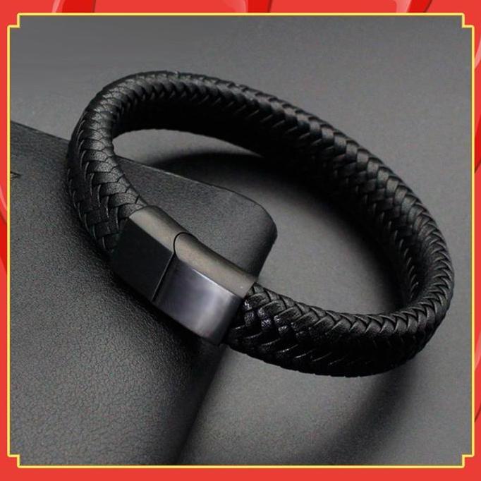 Hitam Gelang Kulit Tenun Pria Gelang Pria Keren Gelang Kulit Stainless Perhiasan Gelang