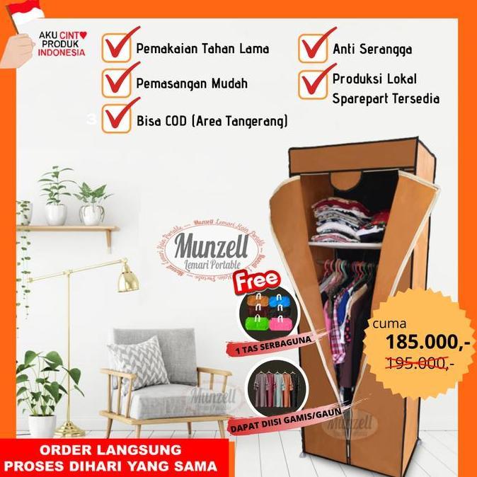 Lemari Kain Munzell Type LPF 02, COKLAT (Lemari Pakaian 1 Gtg+2 Sekat)