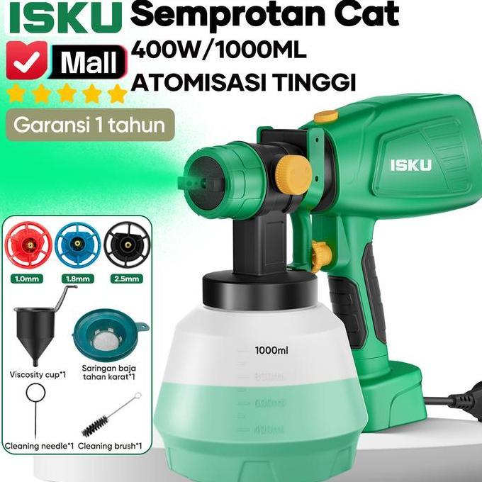 ISKU Spray Gun Elektrik 400W Tabung 1000ml Mesin Cat Semprot Listrik Tanpa Kompresor 3 Nozzle 1.0 1.
