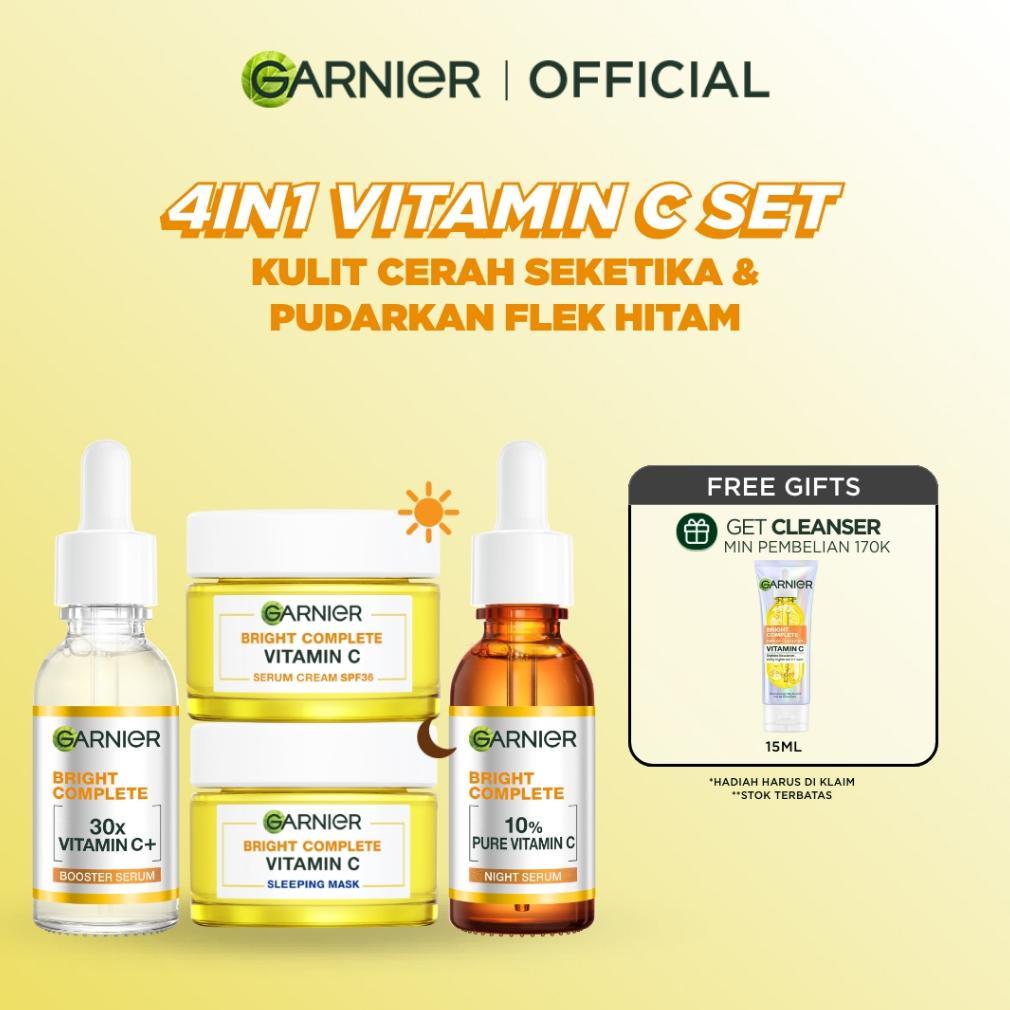 GARNIER Paket Skincare 1 set lengkap Complete Kit Vitamin C Serum 30 ml + Overnight Serum 30ml + Nig