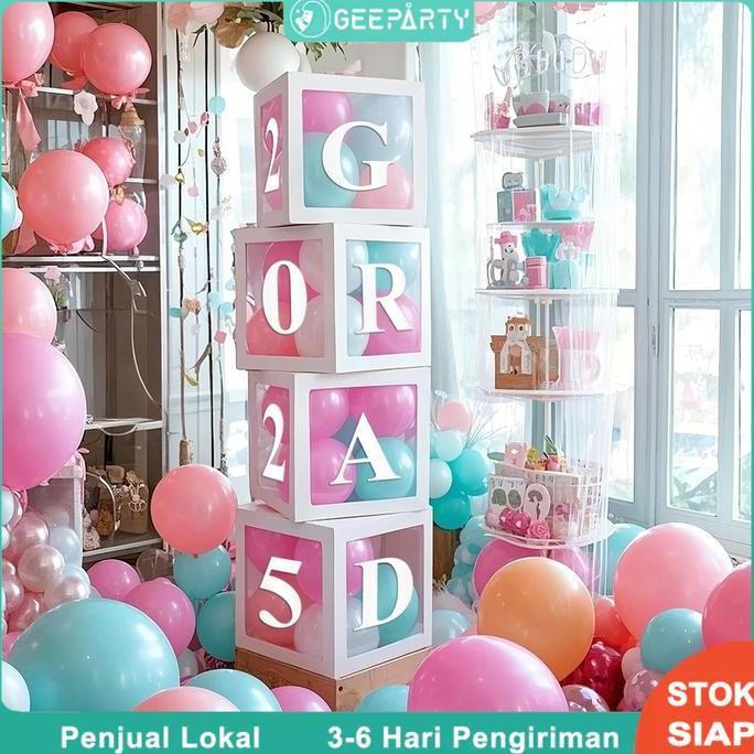 4Pcs Putih Emas Box Balon Transparan /Box Balon Dekorasi /Box Huruf Transparan Baby One