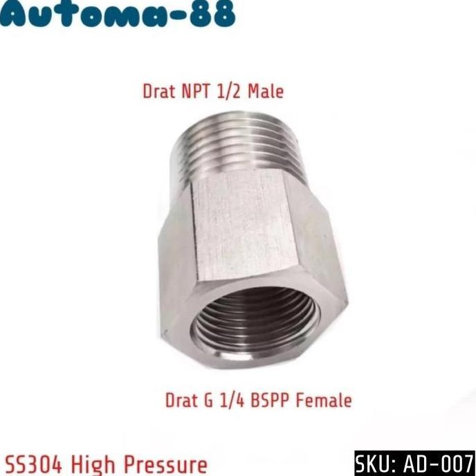 AD-007 ADAPTER REDUCER DRAT DALAM G 1/4 FEMALE BSPP X DRAT LUAR NPT 1/2 MALE STAINLESS STEEL SS304 A