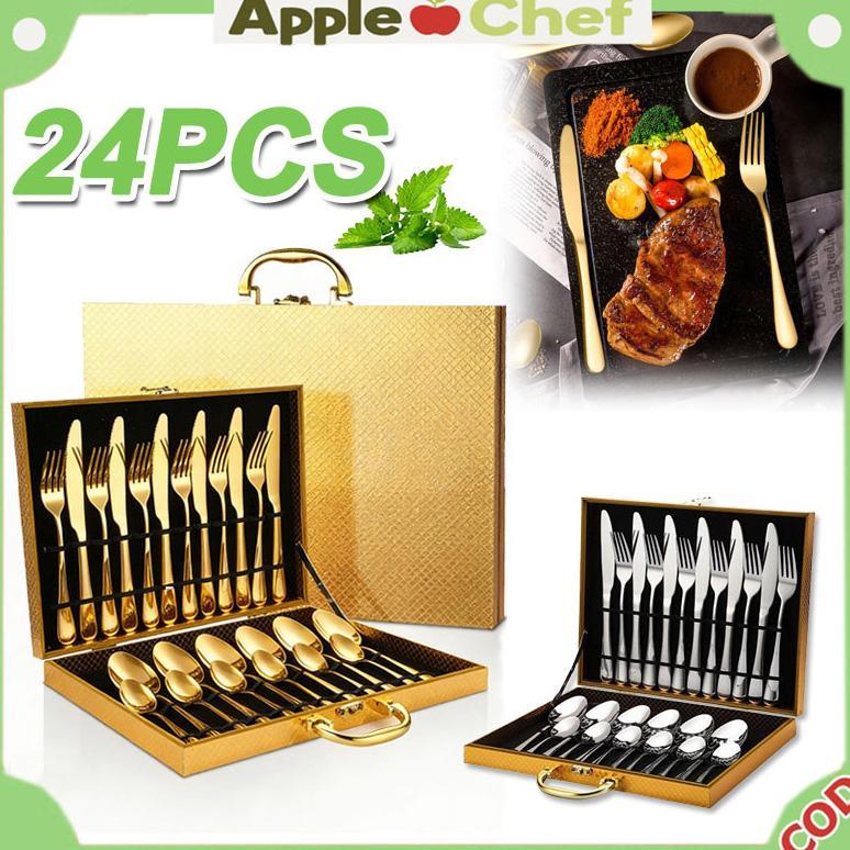New Applechef Premium Sendok Garpu Pisau Set 24 Pcs Stainless Steel Tebal Gold Premium Alat Makan Se