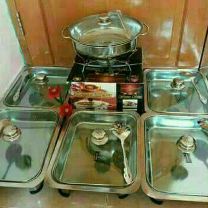 PROMO Tempat Makan Prasmanan set tutup full kaca atau batik bahan stainless isi 5 kotak + 1 bulat me