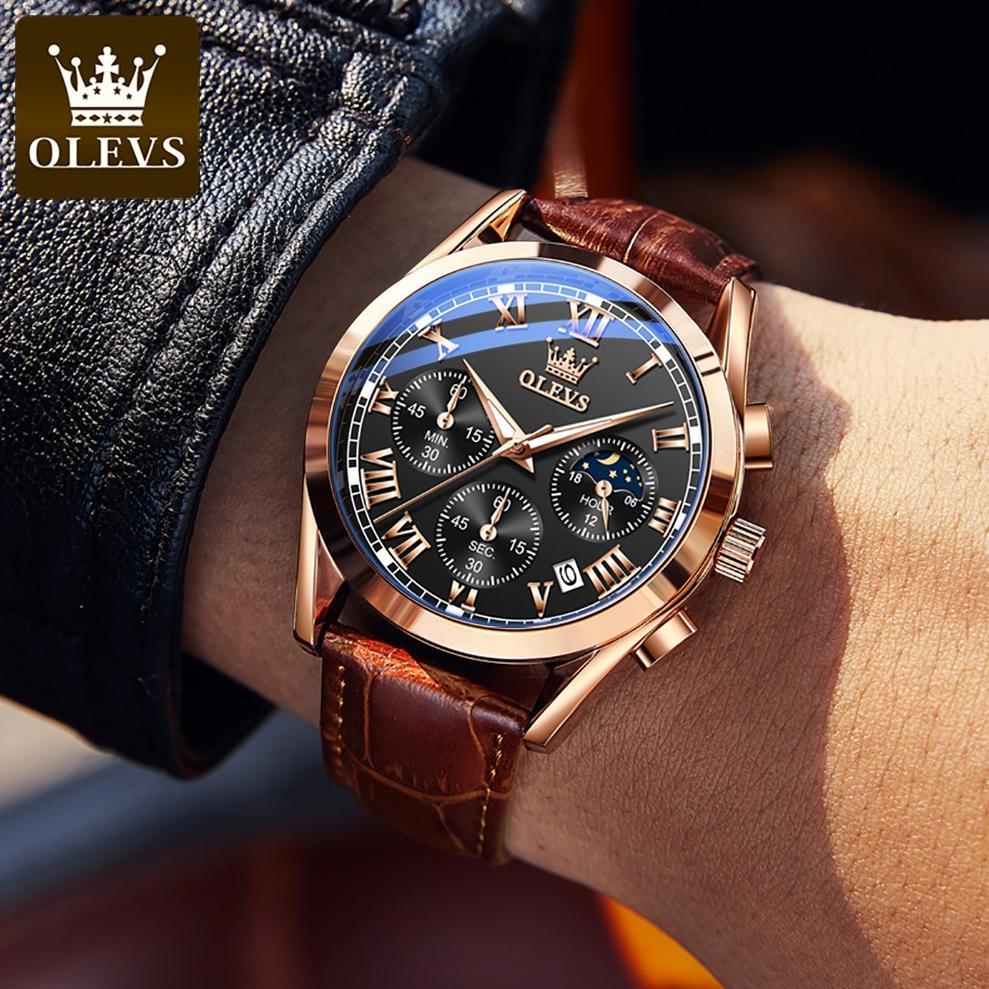 TERBARU OLEVS Jam Tangan Pria Anti Air Original Cowok Kulit Hitam Coklat Luxury Chronograph Watch Me