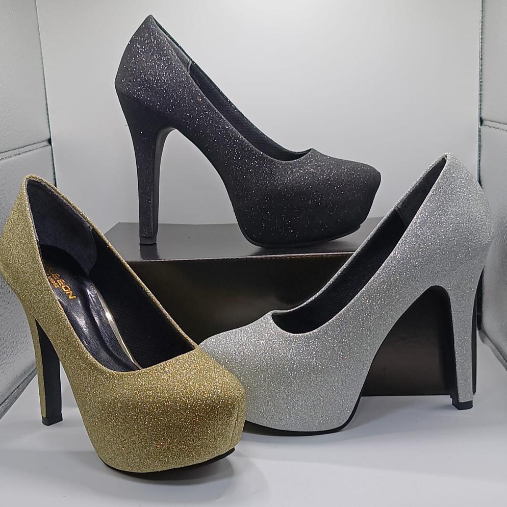 Original Sesepatu Pantofel Wanita Heel Tinggi 12Cm Bahan Glister Premium