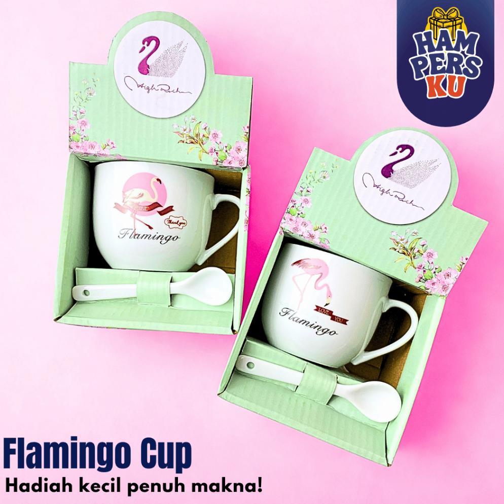 Best Seller Hampers Gelas Kopi Keramik Set Sendok Motif Flamingo Couple Free Box Eksklusif Estetik H