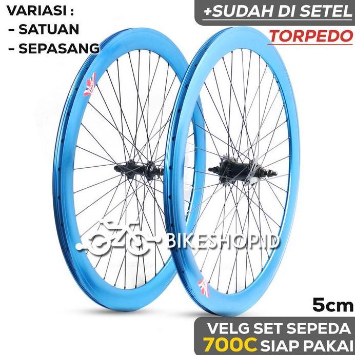 Velg Set Sepeda 700C 5CM BIRU BELAKANG TORPEDO / DEPAN Alloy Rims Roda Siap Jadi Fixie Balap Road Bi