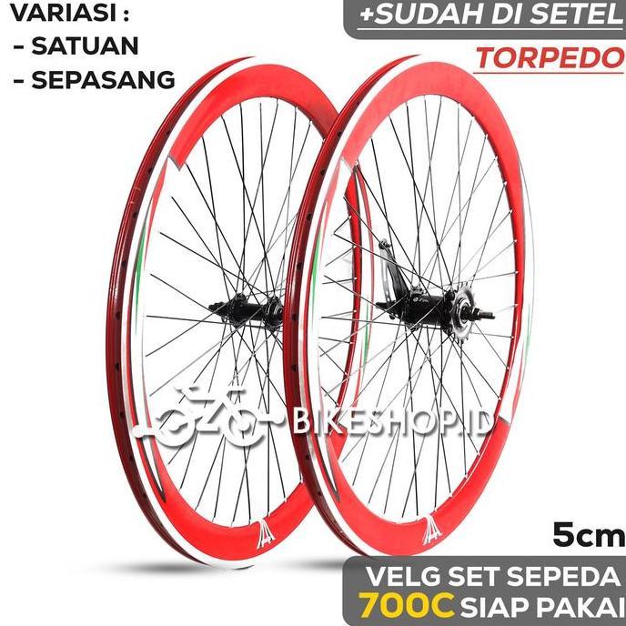 Velg Set Sepeda 700C 5CM MERAH BELAKANG TORPEDO / DEPAN Alloy Rims Roda Siap Jadi Fixie Balap Road B