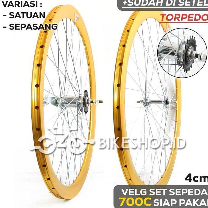 Velg Set Sepeda 700C 4CM GOLD BELAKANG TORPEDO / DEPAN Alloy Rims Roda Siap Jadi Fixie Balap Road Bi