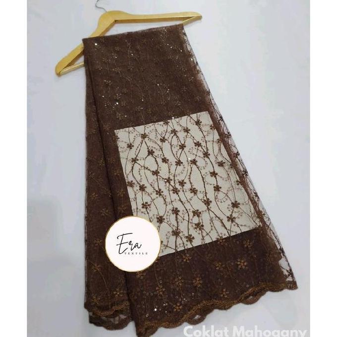 DF102 - Kain Brokat Tile Spangle warna Coklat Mahogany Premium Elegant - Kain Tulle Spangel Meteran 