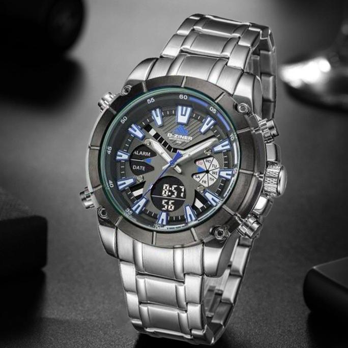 Clock- Dziner Jam Tangan Pria Double Time 8258 Tali Rantai Stainless Steel Ter Resistant 30M