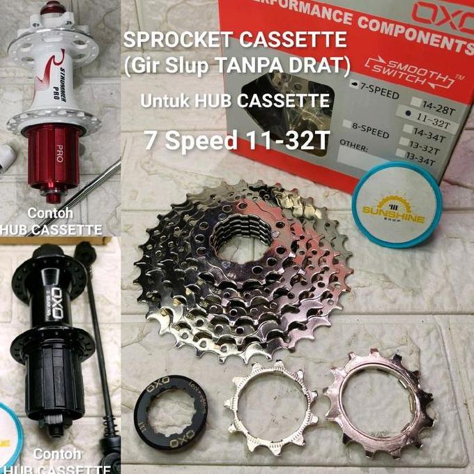 Sprocket Cassette 7 Speed 11-32T / 11-34T Chrome Gir Slup Tanpa Drat Untuk Hub Freehub Jangkrik Sepe
