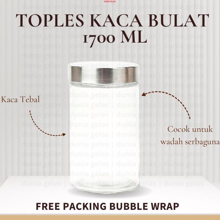 Toples Kaca Bulat 1700 Ml / Toples Kacang / Toples Cemilan / Toples Kaca Tutup Putar / Toples Lebara