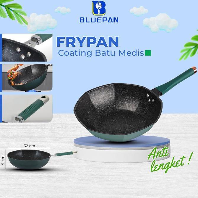 DAXZI Bluepan Wajan Granit Hitam Wajan Penggorengan Batu Medis 32CM Segi Delapan Wajan Penggorengan 